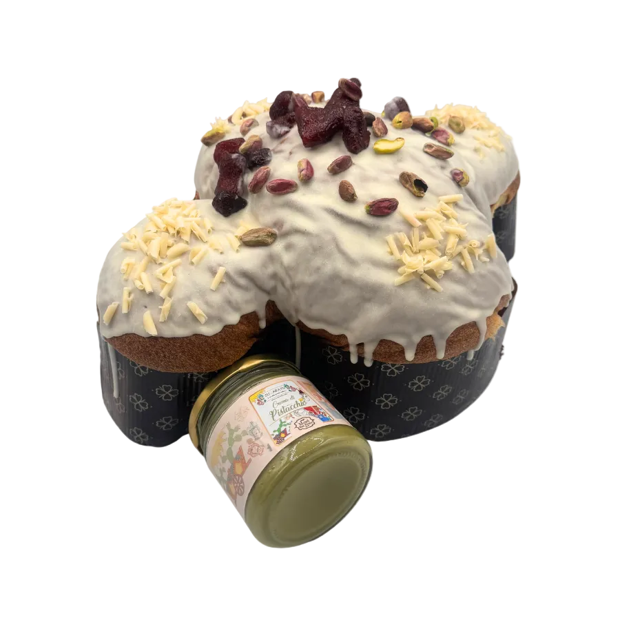 Colomba "Carrettu"con Chunks di Cioccolato Bianco, Fragoline e Crema al Pistacchio Extra